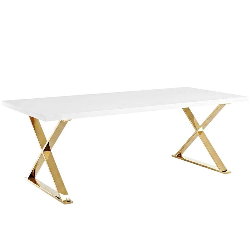White Rectangular Dining Table, Modern X-Base, Seats 6 image number 1