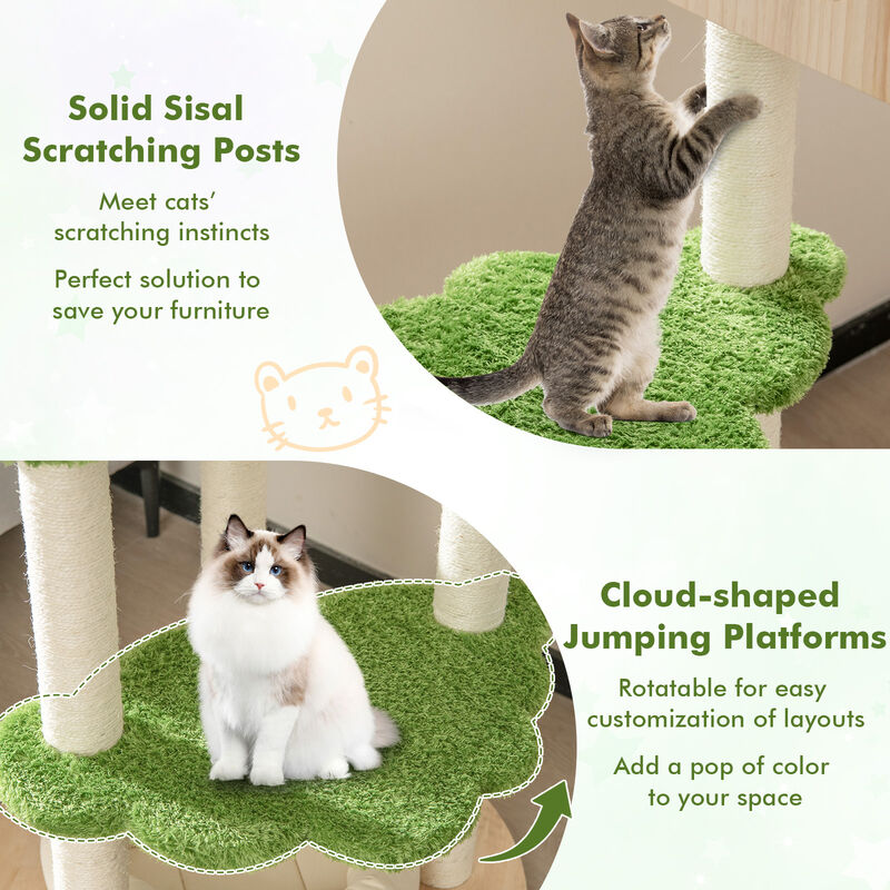 55 Inch Tall Cat Climbing Stand with Sisal Scratching Posts and Soft Cat Bed for Indoor Kittens-Green