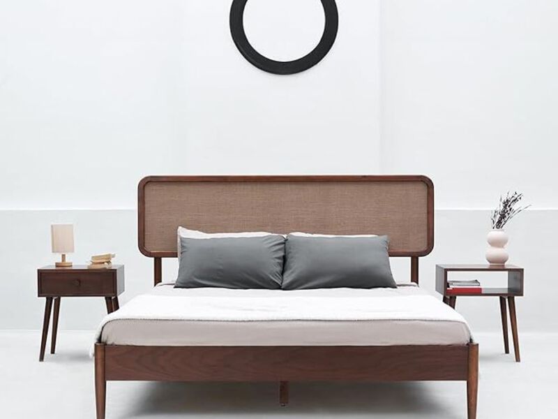 Lupin Wooden Bed Frame With Headboard, Crafted From Walnut, Rubber Wood With Silent Slats And Wood Central Supports, 1000 Lb Capacity, Effortless Assembly, Queen - Dark Walnut