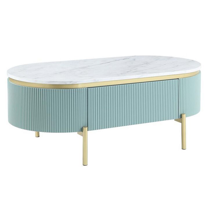 Ville 48 Inch Oblong Coffee Table, White Faux Marble Top, Teal Reeded Edges
