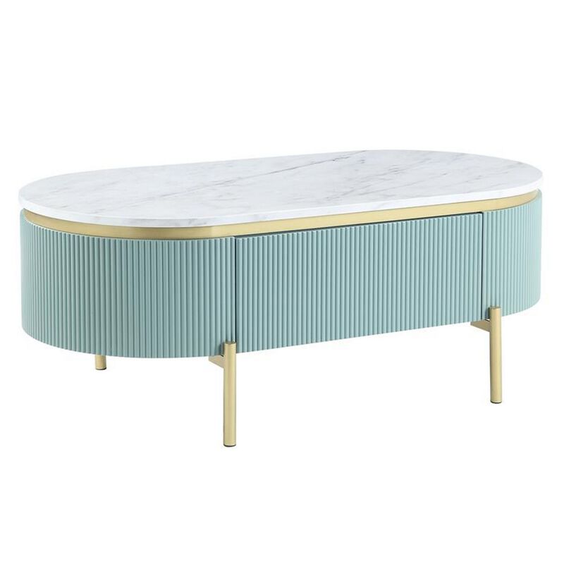 Ville 48 Inch Oblong Coffee Table, White Faux Marble Top, Teal Reeded Edges