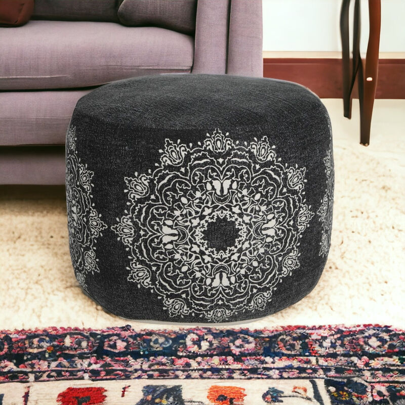 Hivvago 18 Inch Black Cotton Cylinder Medallion Pouf Ottoman