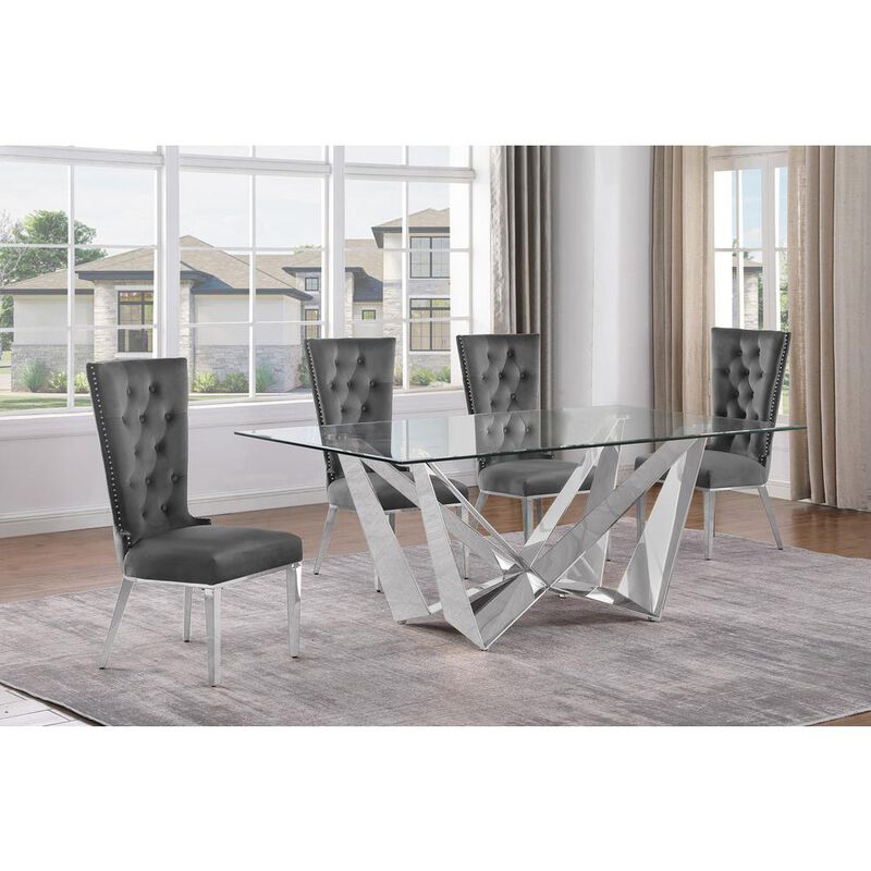 5pc Small(78") glass dining set with silver base and 4 Dark grey side chairs
