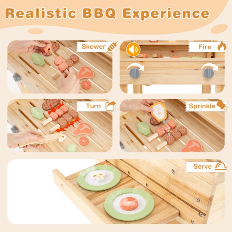 Hivvago Kids Wooden Barbecue Grill Playset Pretend Kitchen with Food and Wheels