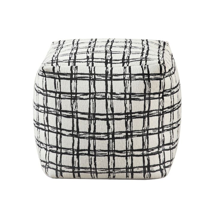 Modern Pouf Ottoman, White Black Checkered Jacquard, 16 Inch Square