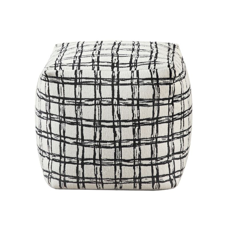 Modern Pouf Ottoman, White Black Checkered Jacquard, 16 Inch Square