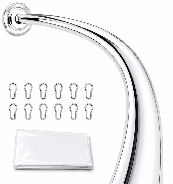 Shower Suite by Utopia Alley &ndash; Rustproof Aluminum Curved Shower Curtain Rod Combo Set with Liner & 12 Hooks, Adjustable 45&ndash;72 Inch Wall Mount Rod