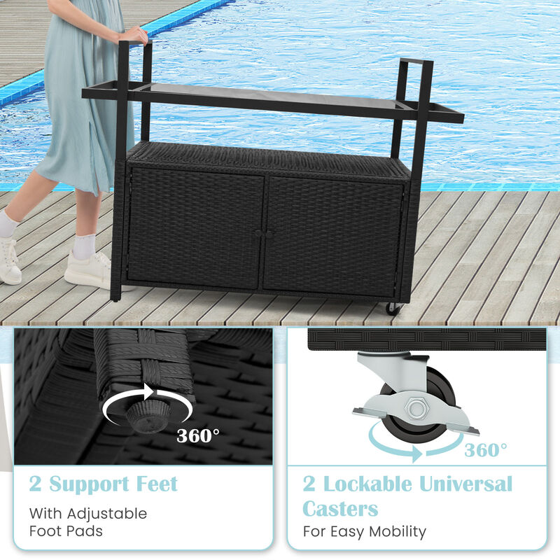 Outdoor Bar Cart Rolling Wicker Buffet Serving Cart with Tempered Glass Top Storage Cabinet