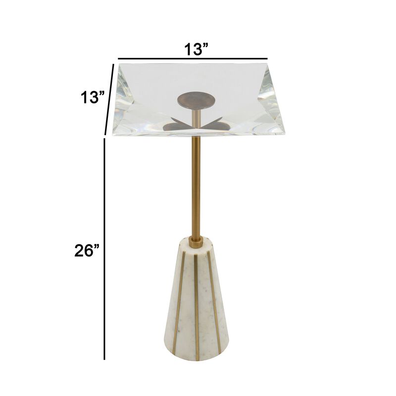 13 Inch Side End Table, Glass Top, Metal and Marble Base, White and Gold-Benzara image number 5