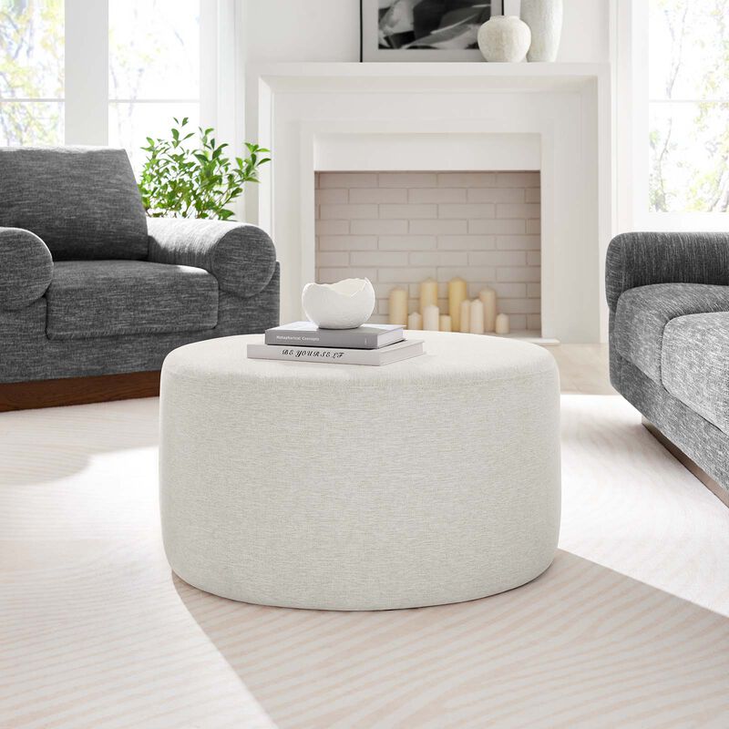 Callum Large 29" Round Woven Heathered Fabric Upholstered Ottoman image number 1