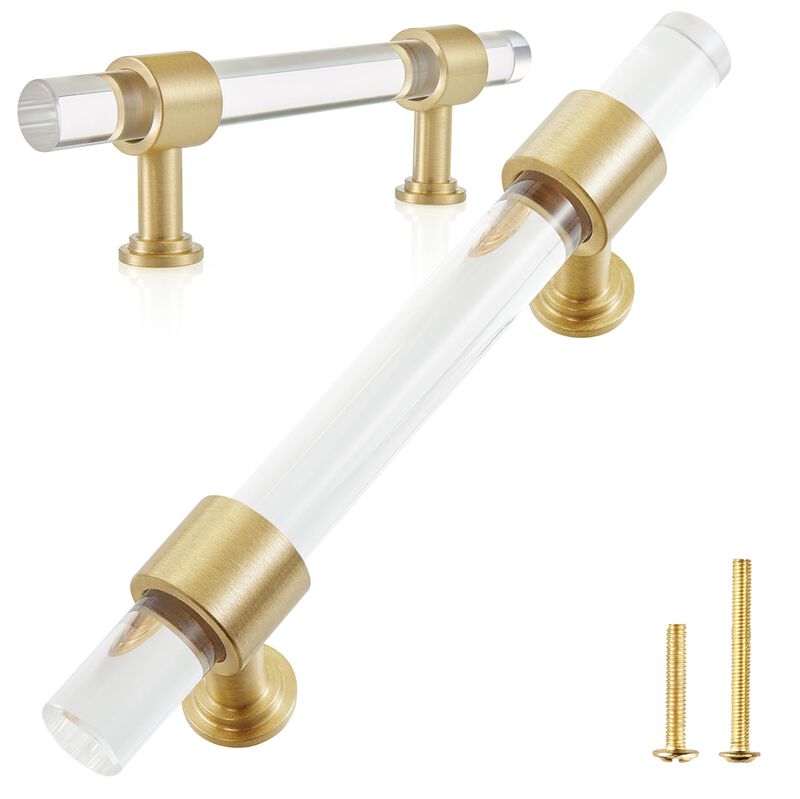 QOGRISUN 5-Pack Acrylic Cabinet Pulls with Brass Base, Gold Modern Drawer Handles, 3-inch Hole Center for Kitchen, Dresser Drawe