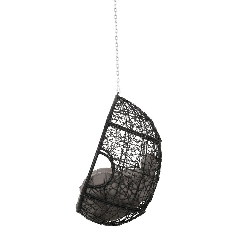 Castic Outdoor Hanging Chair, 46 Inch Rattan Frame, Black Iron, Gray - Benzara