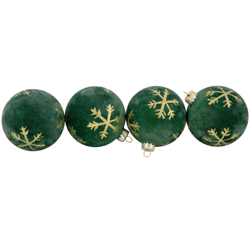 4ct Green Velvet Glass Christmas Ball Ornaments with Gold Snowflakes 3" (80mm)
