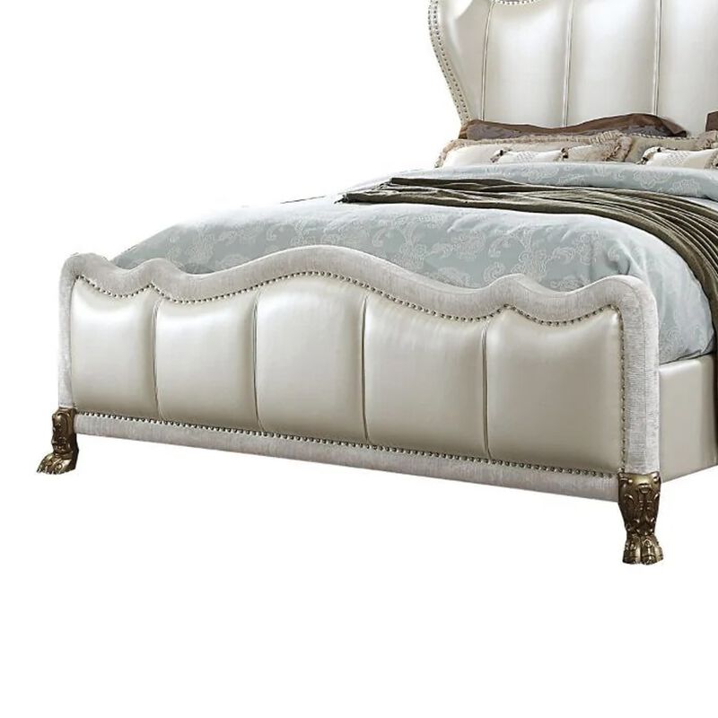 Ally California King Bed, White Faux Leather Victorian Carved, Silver - Benzara