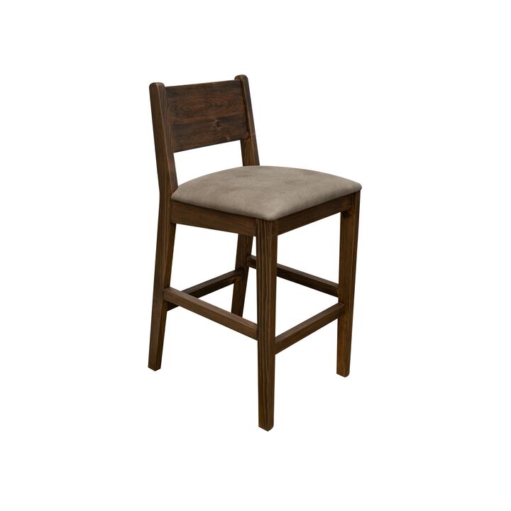 Loe 30 Inch Barstool Set of 2, Panel Back, Gray, Brown Solid Pine Wood - Benzara