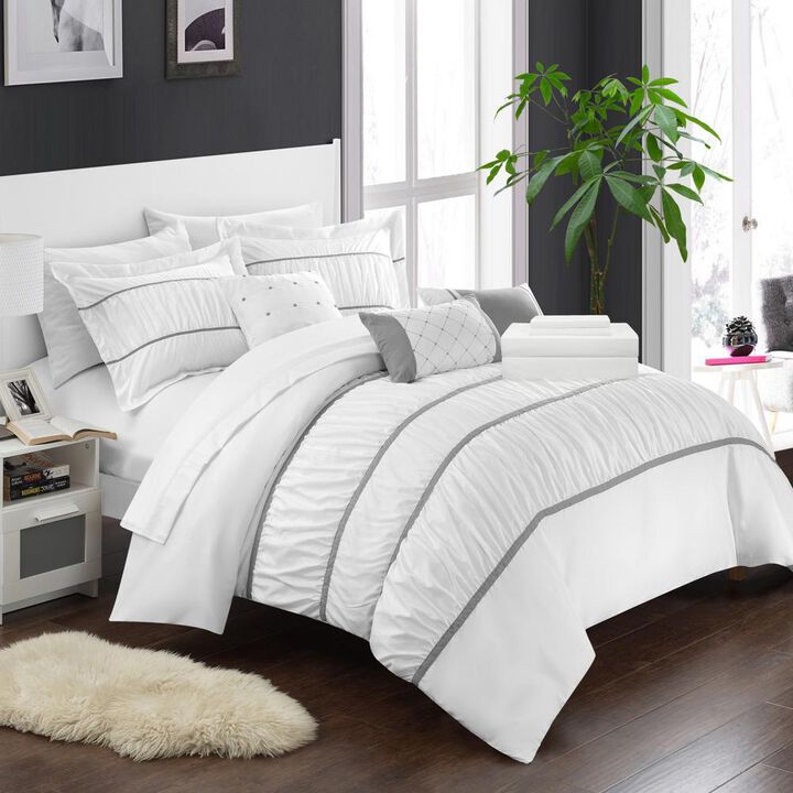 Chic Home Stieg 10 Pieces Comforter Set Complete BIB Pleated Ruched Ruffled Bedding With Sheet Set & Decorative Pillows Shams - King 102x90, White
