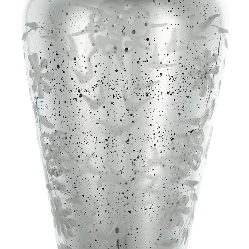 HomeRoots 20" Antiqued Silver Etched Floral Glass Round Table Vase image number 4