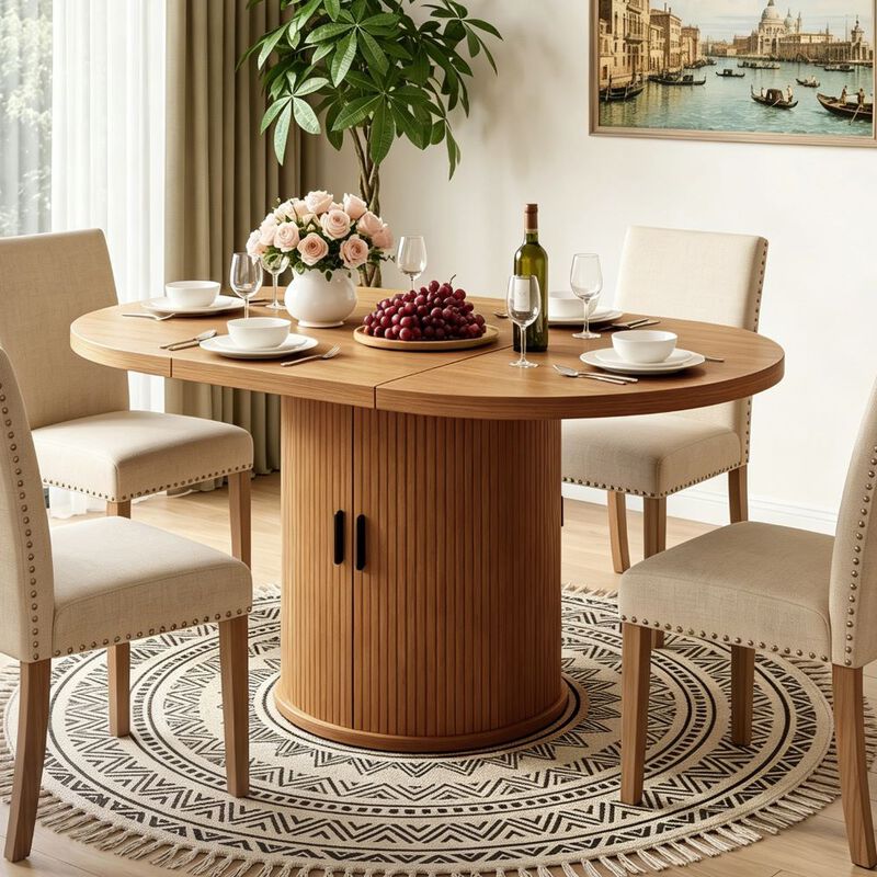 Vipbear 43" to 59" Extendable Round Dining Table, Solid Wood Top with Storage Cabinet, Kitchen image number 8
