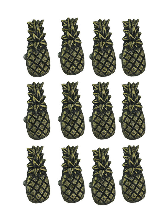 Set of 12 Antique Brass Finish Cast Iron Pineapple Drawer Pulls - Easy Installation - 2.25 Inches High Vintage Tropical Cabinet Knobs for Whimsical and Timeless Decor