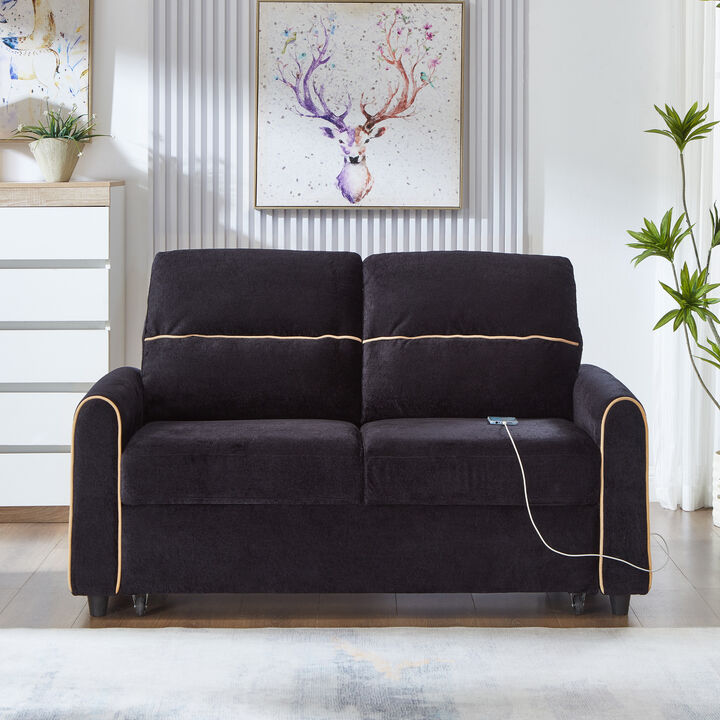 Merax Chenille Convertible Sofa Bed 3Level Adjustable Backrest with USB Ports & Storage Pockets