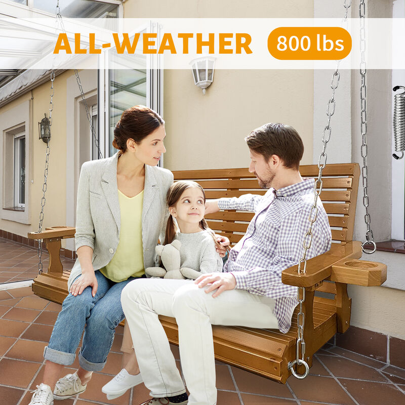 Mega Casa Wooden Porch Swing 2-Seater, Bench Swing with Cupholders, Hanging Chains and 7mm Springs, Heavy Duty 800 LBS, for Outdoor Patio Garden Yard (Brown)
