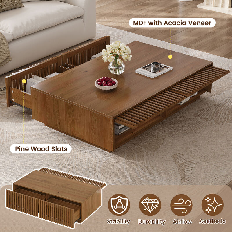 Whisen 47" Mid-Century Modern Solid Wood Coffee Table with Slatted Storage Drawers, Low Profile Rectangular Center Table for Living Room image number 5