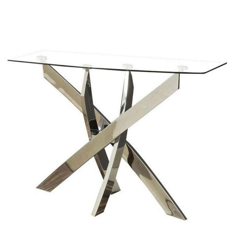 Rectangular Glass Top Sofa Table with Criss Cross Base, Silver and Clear