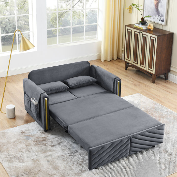 Luxury 3-in-1 Convertible Sleeper Sofa Bed Couch, 55" Pull Out Couch for Living Room, Multi-Functional Grey Velvet Loveseat Futon Bed with 2 Pillows and Storage Bags