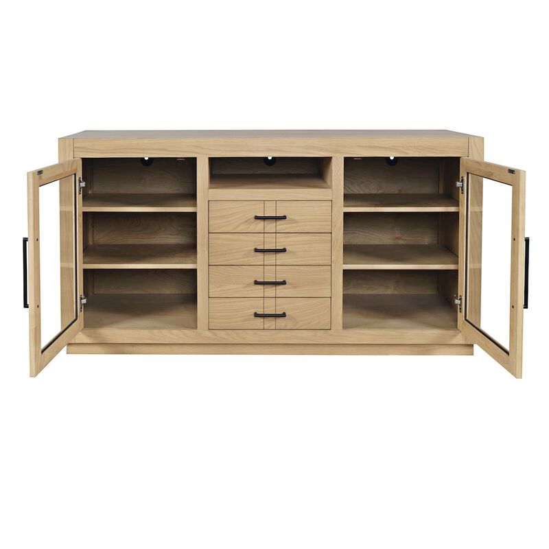 Jofran 70 Contemporary Media Console with Tempered Glass Doors, Drawers and Shelves