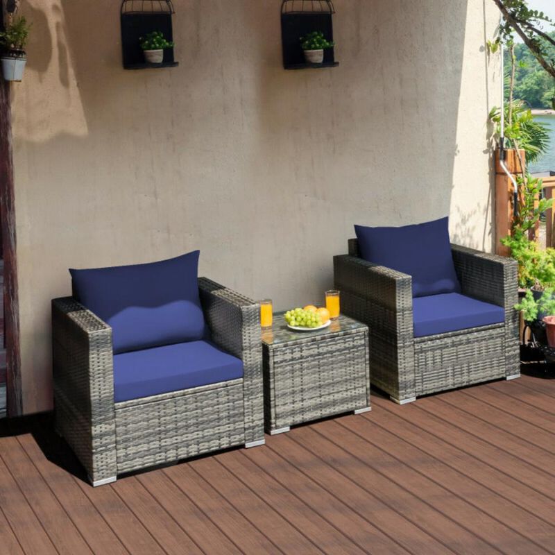 Hivvago 3 Pieces Patio Rattan Furniture Bistro Sofa Set with Cushioned