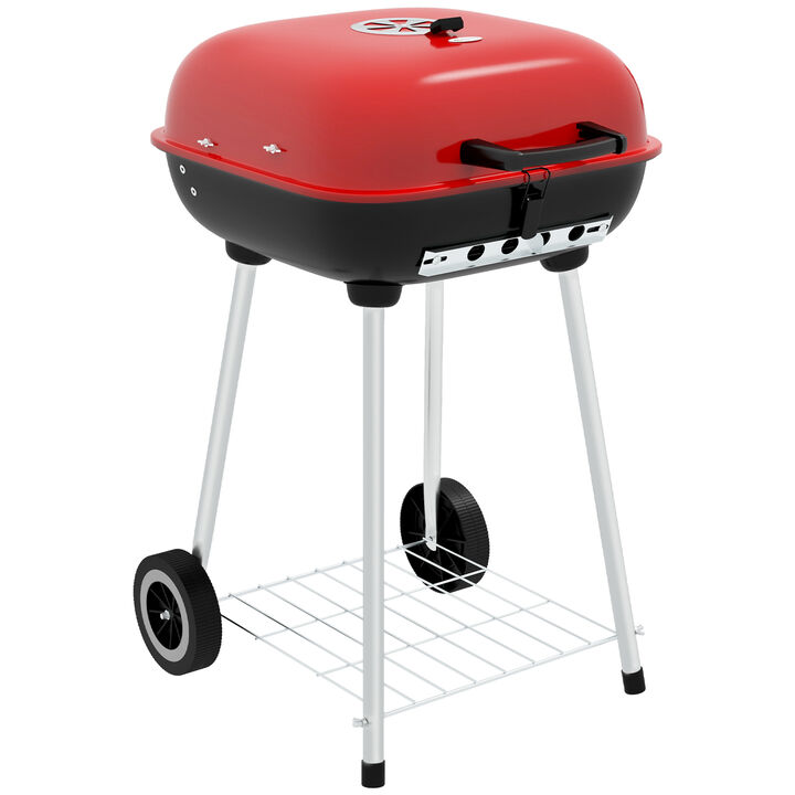 Outsunny 18" Portable Charcoal Grill with Wheels and Bottom Shelf, BBQ with Adjustable Vents on Lid for Picnic, Camping, Backyard, Cooking, Red