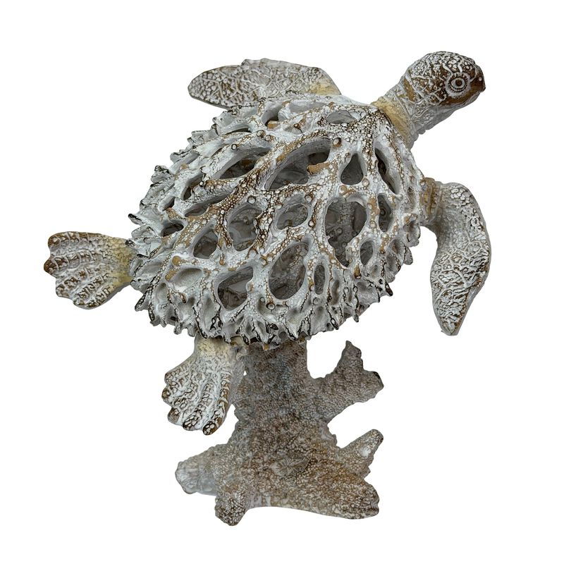 Sea Turtle Statue Whitewash Coral Look Polyresin Coastal Decor 7 In Tall image number 0