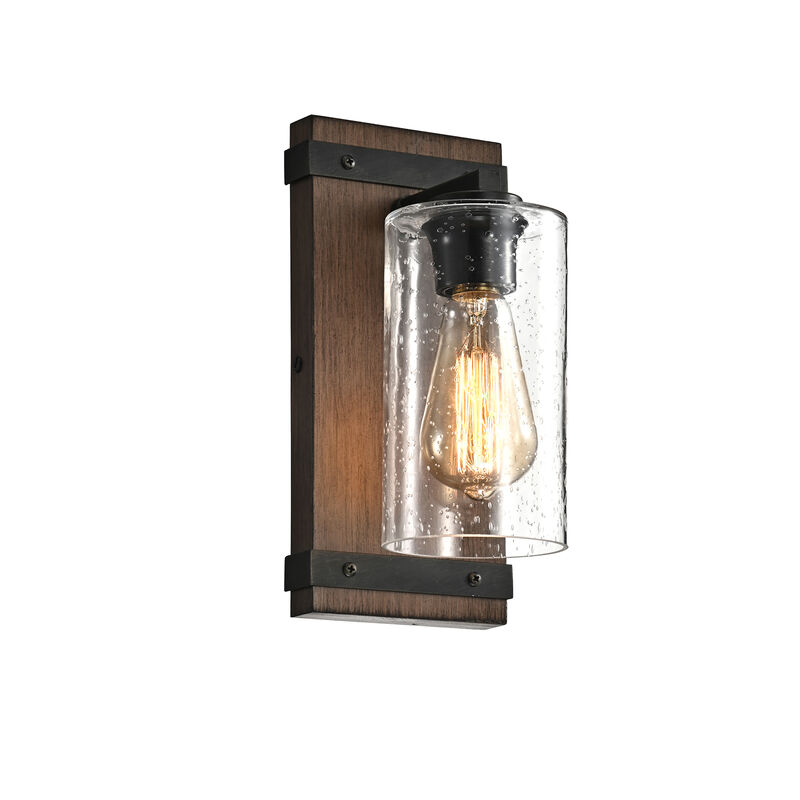In&eacute;s Antique Black Metal and Natural Wood Base Glass Wall Sconce image number 0