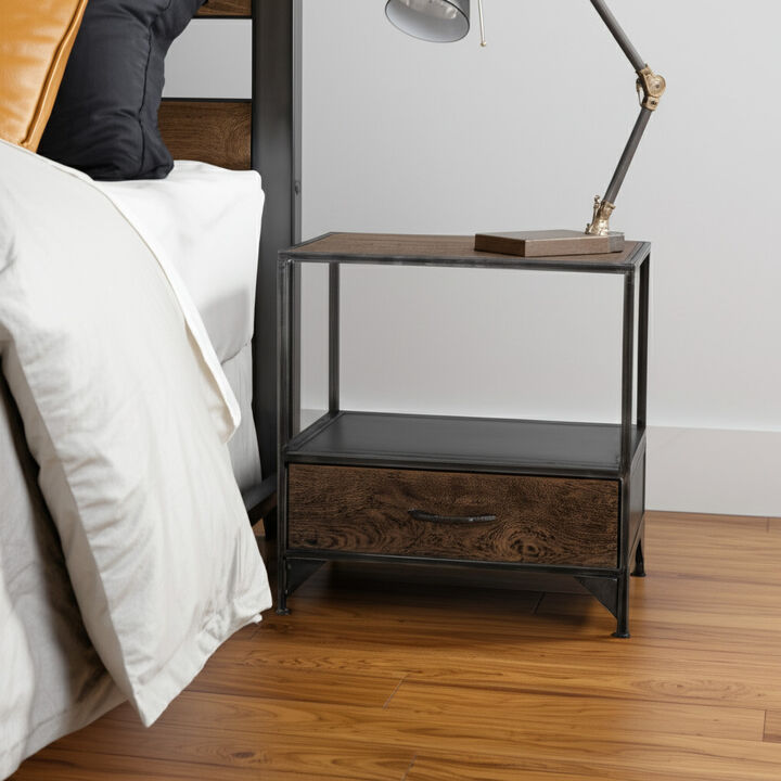 HomeRoots 28" Brown And Dark Gray Steel and Solid Wood Distressed One Drawer Nightstand