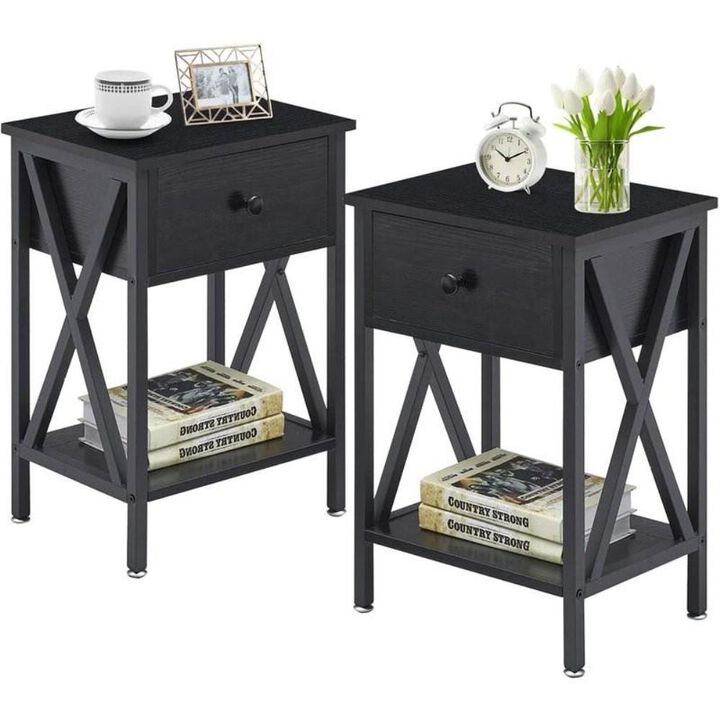 Hivvago Set of 2 - 1 Drawer Nightstand in Dark Blue and Black