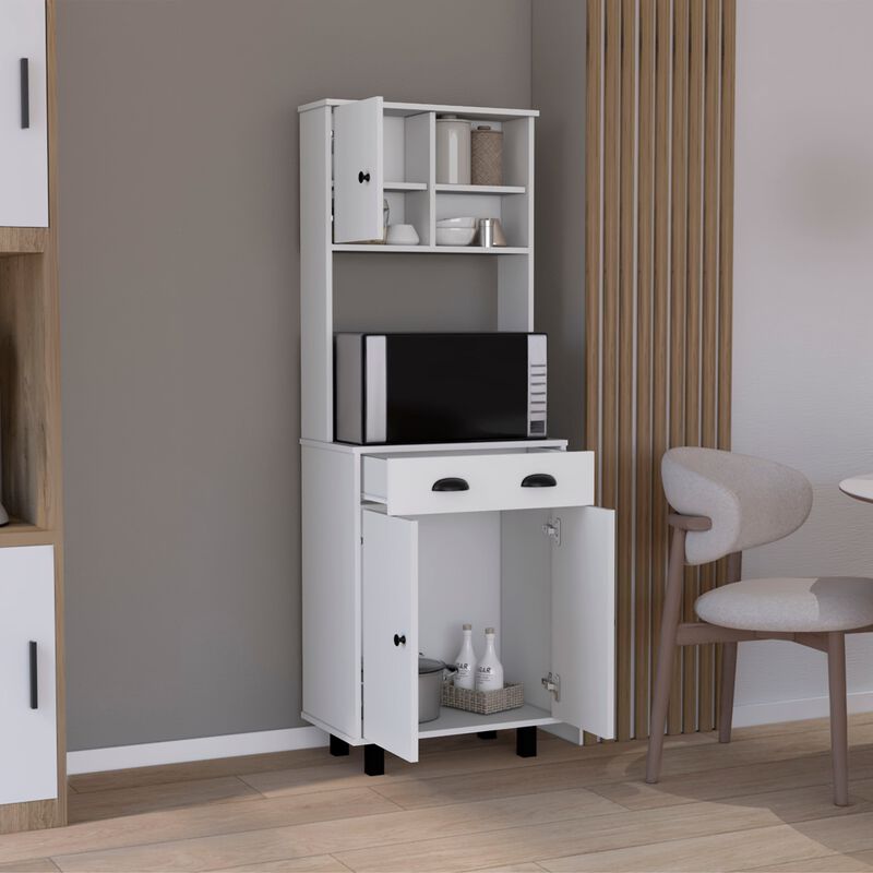 Kitchen Pantry 67" H, Two Cabinets, Three Doors, Two Open Shelves, One Drawer, Microwave Storage Option, White