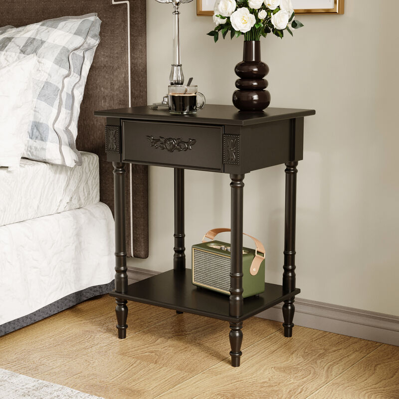 FUFU&GAGA Vintage Bedside Cabinet with Drawer Open Shelf Solid Wood Legs and Black Paint Finish 19.7''L × 15.7''W × 27''H
