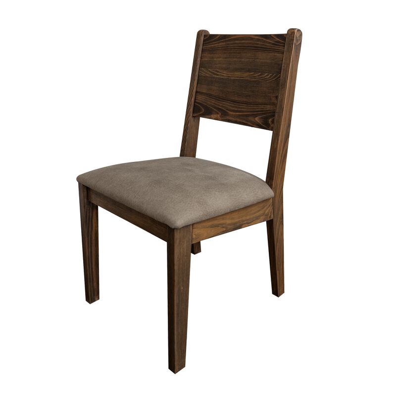 Loe Dining Side Chair Set of 2, Panel Backrest, Gray Faux Leather, Brown - Benzara