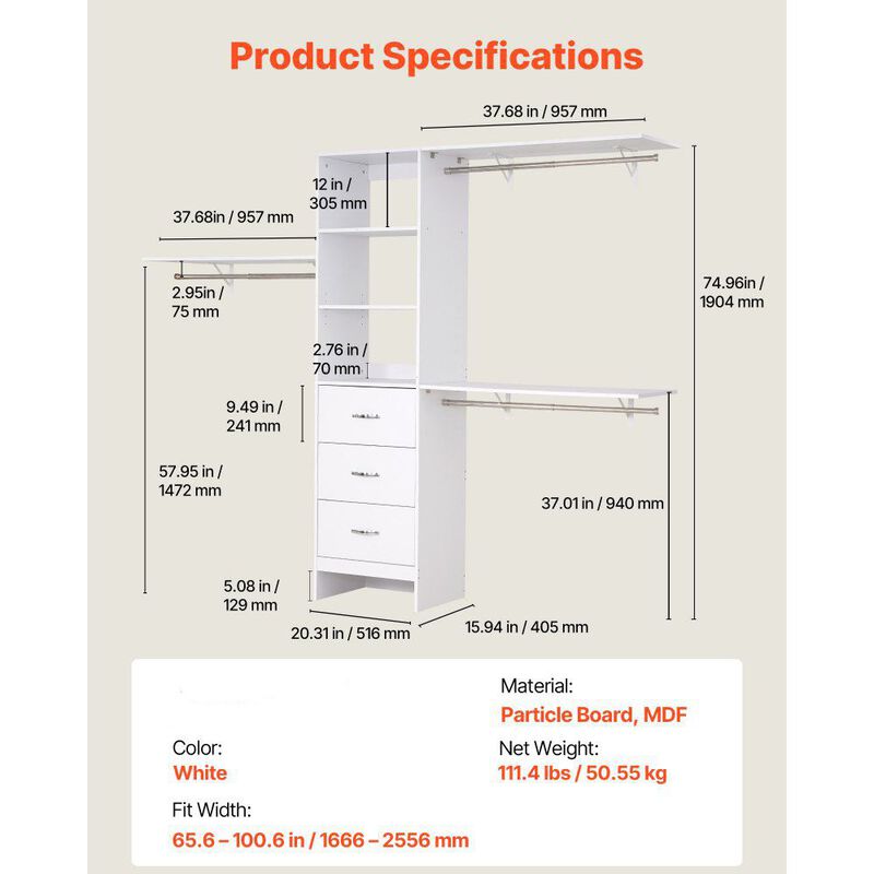 Adjustable Closet System with Drawers and Hanging Rods, Freestanding Wardrobe image number 2