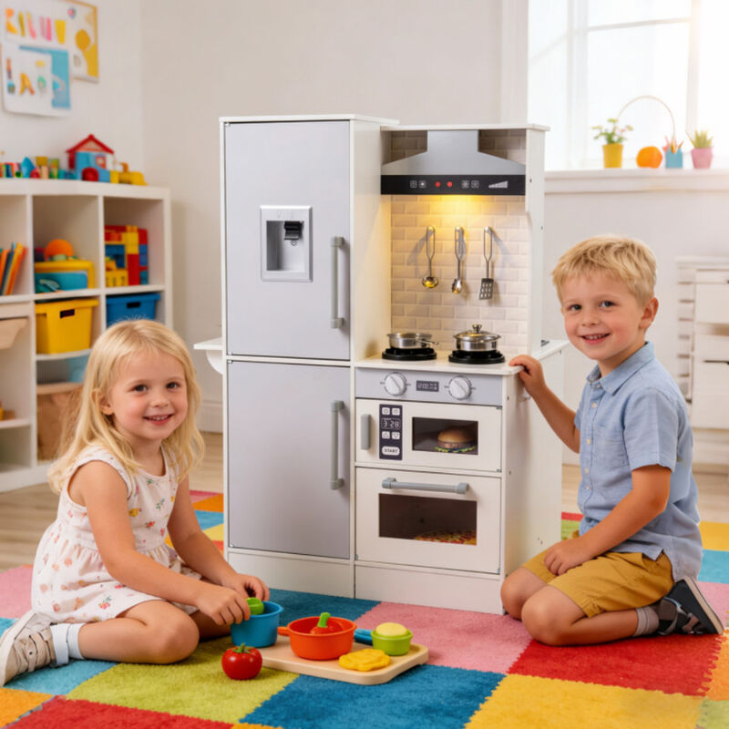Kids Dual Sided Play Kitchen Featuring Water Dispenser and Range Hood 3+ Years Old image number 4