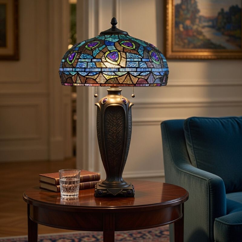 Table Lamp with Pull Chain, Blue Tiffany Stained Glass, 26 Inch Dark Bronze image number 1