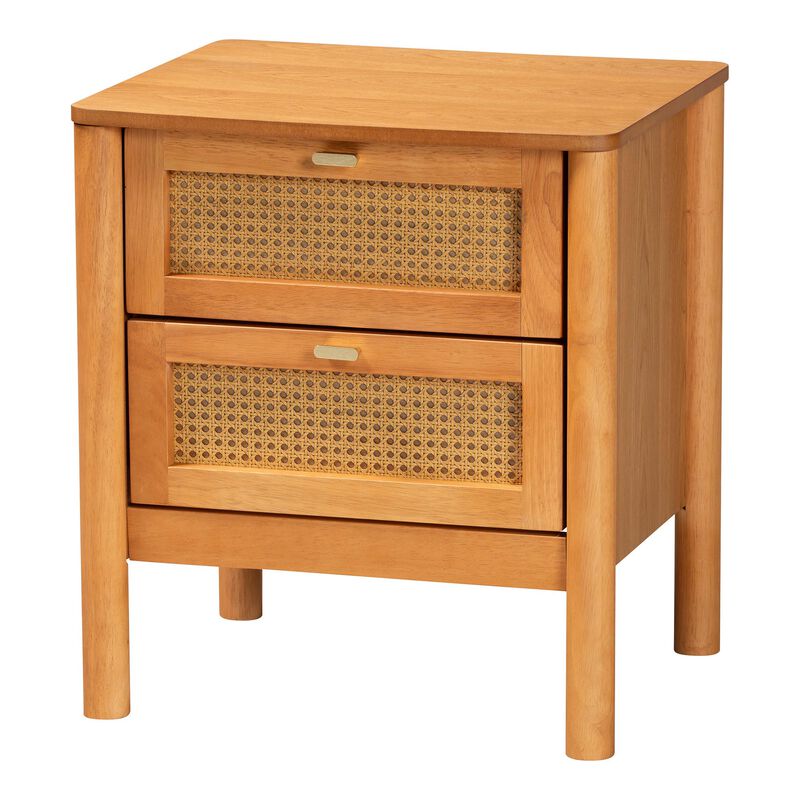 Baxton Studio Jenn Golden Brown Wood Japandi 2 Drawer Nightstand with Distressed Finished Rattan