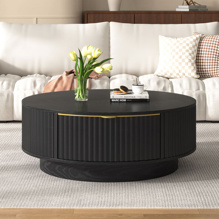 Merax Contemporary Round Coffee Table with Fluted Side Detailing, Concealed Drawers & Gold
