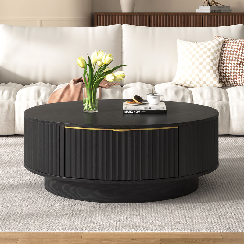 Merax Contemporary Round Coffee Table with Fluted Side Detailing, Concealed Drawers & Gold image number 1