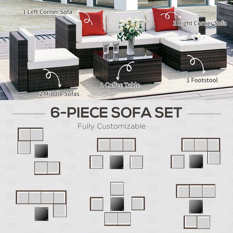 6 Pieces Outdoor PE Rattan Sofa Set, Sectional Conversation Wicker Patio Couch Furniture Set with Cushions and Coffee Table, White