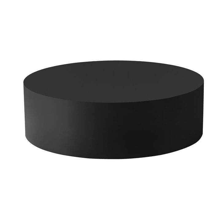 Rano Coffee Table, 40 Inch Round Black Iron Top, Modern Drum Shape - Benzara