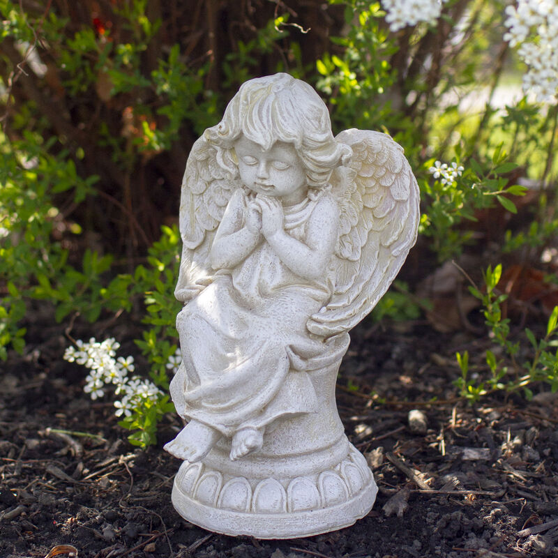 9" Ivory Praying Angel on Pedestal Outdoor Garden Statue image number 1