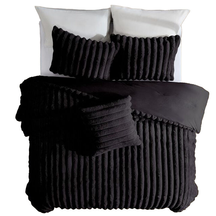 Sieno 4pc Queen Comforter Set, Shams, Black Faux Fur, Micro Mink Back