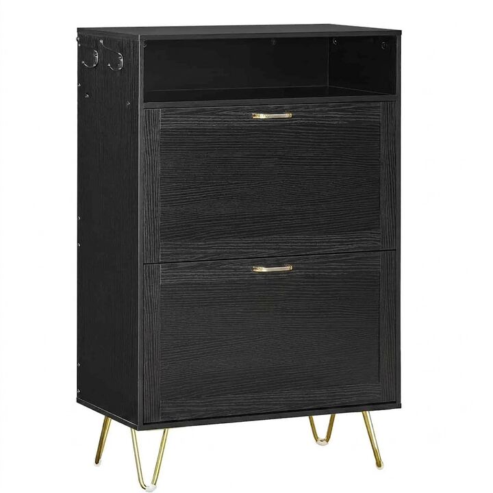 Shoe Cabinet with 2 Flip Drawers Tipping Bucket Design for Entryway- Black