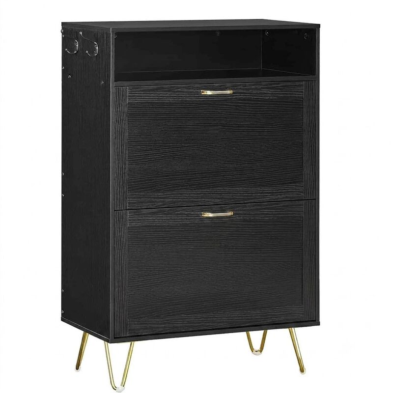 Shoe Cabinet with 2 Flip Drawers Tipping Bucket Design for Entryway- Black image number 0